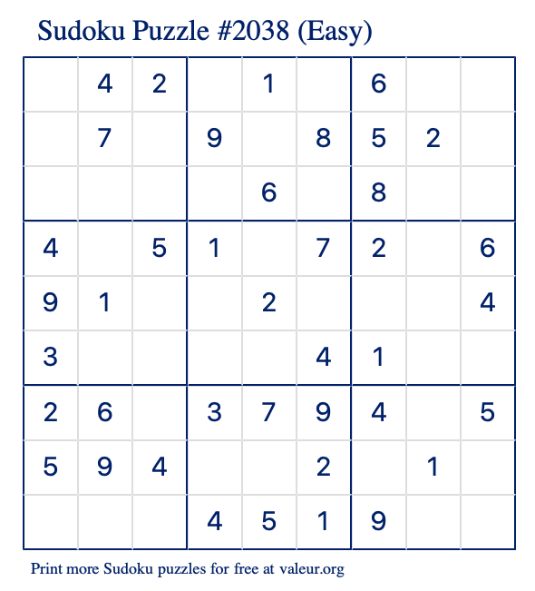 Free Printable Easy Sudoku Puzzle number 2038