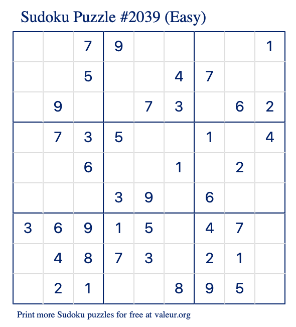 Free Printable Easy Sudoku Puzzle number 2039