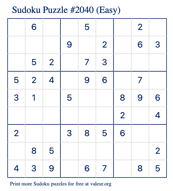 Free Printable Easy Sudoku Puzzle number 2040