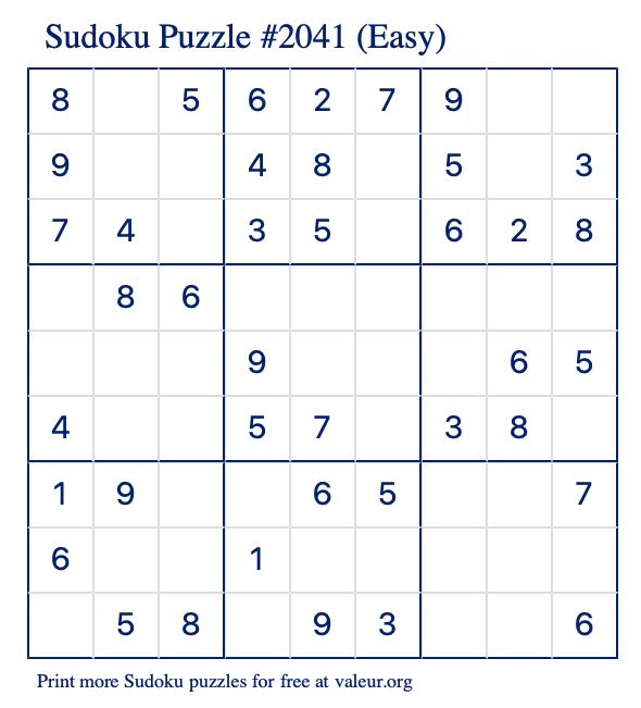 Free Printable Easy Sudoku Puzzle number 2041