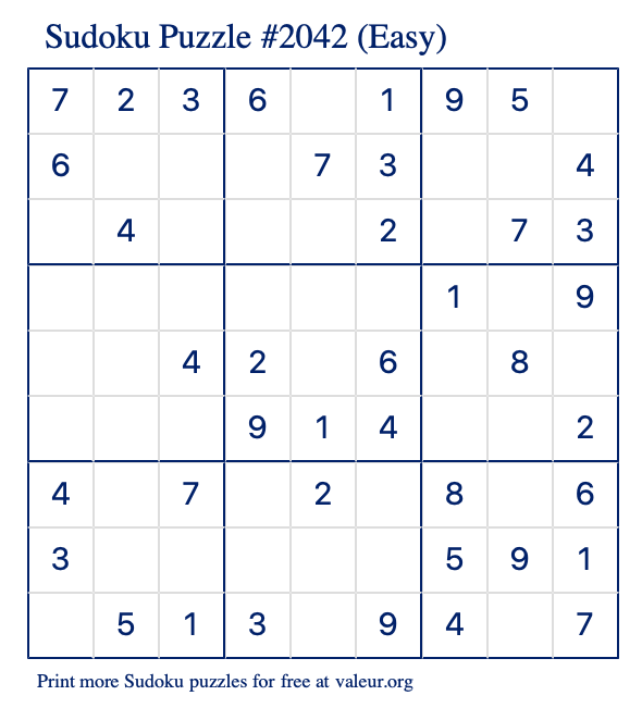 Free Printable Easy Sudoku Puzzle number 2042
