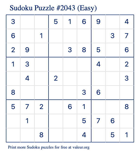 Free Printable Easy Sudoku Puzzle number 2043