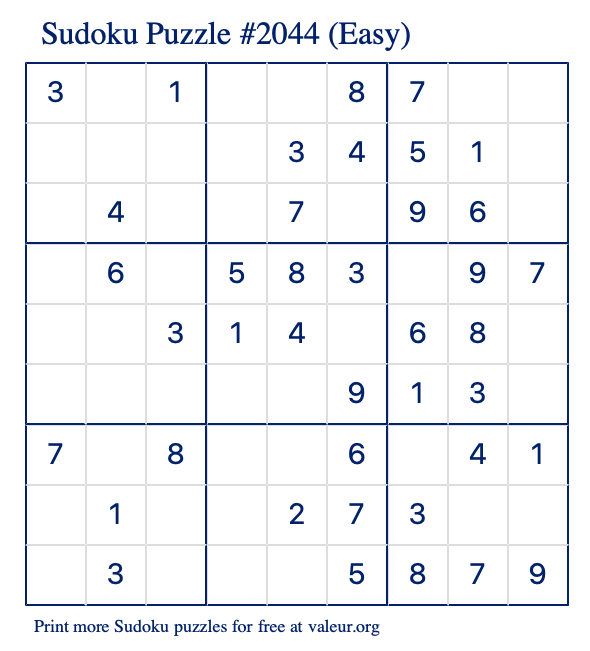 Free Printable Easy Sudoku Puzzle number 2044