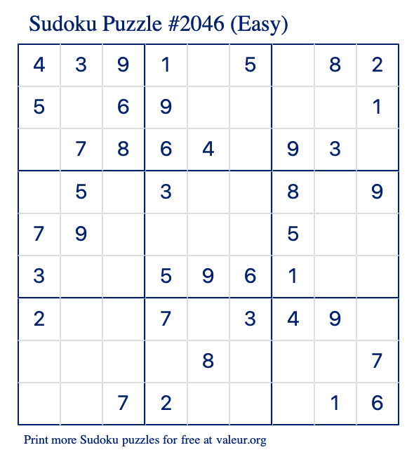 Free Printable Easy Sudoku Puzzle number 2046