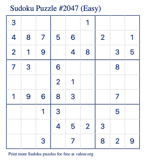 Free Printable Easy Sudoku Puzzle number 2047