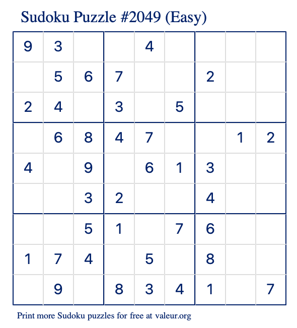 Free Printable Easy Sudoku Puzzle number 2049