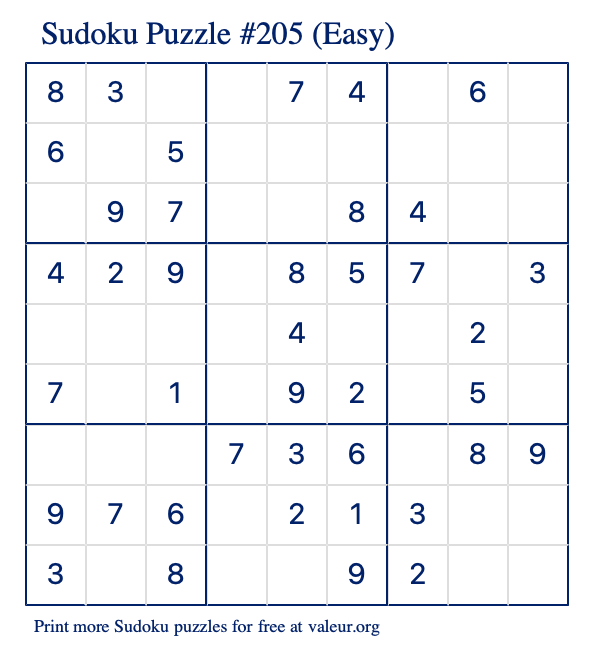 Free Printable Easy Sudoku Puzzle number 205