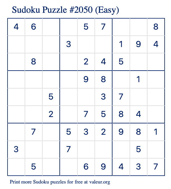Free Printable Easy Sudoku Puzzle number 2050