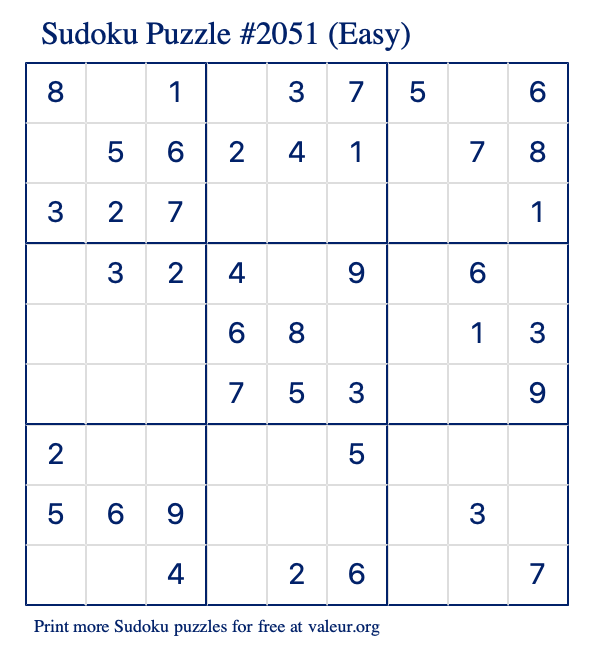 Free Printable Easy Sudoku Puzzle number 2051