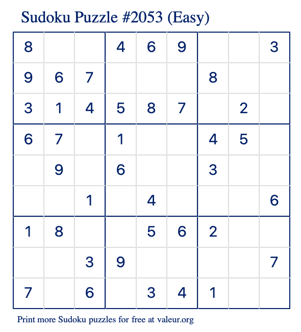 Free Printable Easy Sudoku Puzzle number 2053