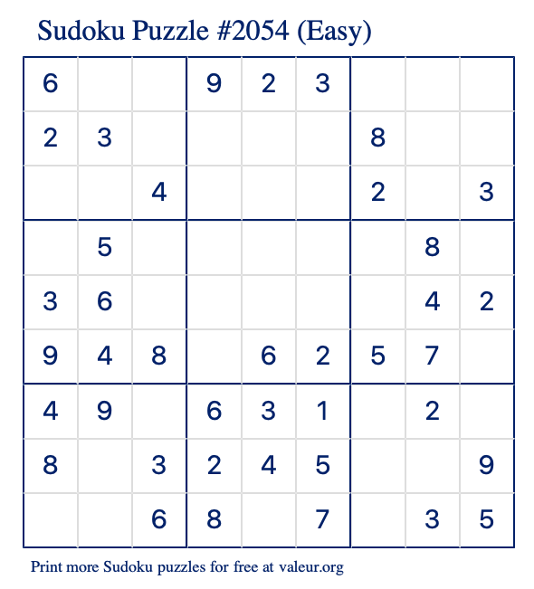 Free Printable Easy Sudoku Puzzle number 2054