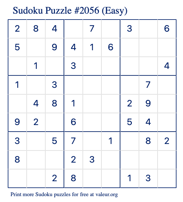 Free Printable Easy Sudoku Puzzle number 2056
