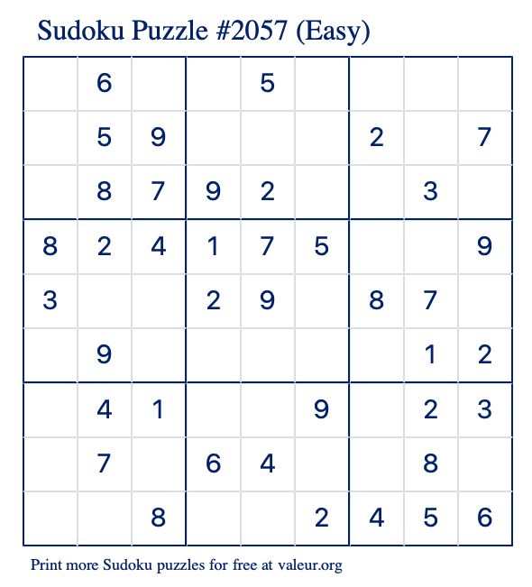 Free Printable Easy Sudoku Puzzle number 2057