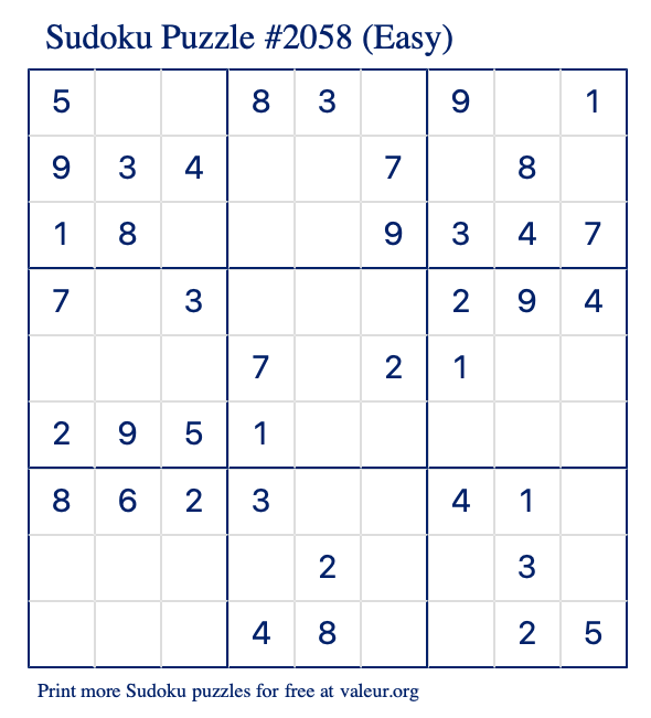 Free Printable Easy Sudoku Puzzle number 2058
