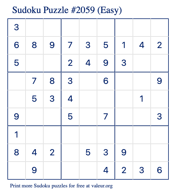 Free Printable Easy Sudoku Puzzle number 2059