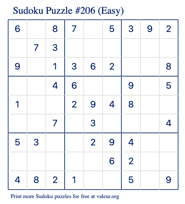 Free Printable Easy Sudoku Puzzle number 206