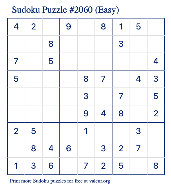 Free Printable Easy Sudoku Puzzle number 2060