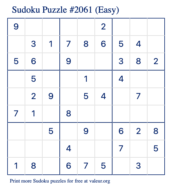 Free Printable Easy Sudoku Puzzle number 2061