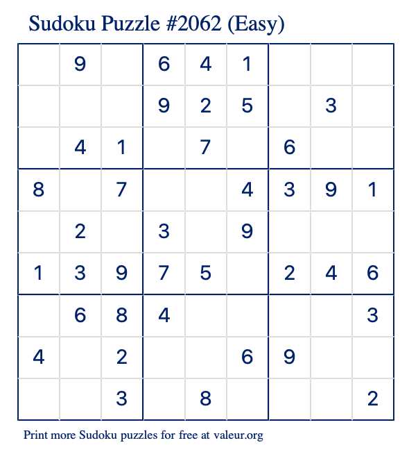 Free Printable Easy Sudoku Puzzle number 2062
