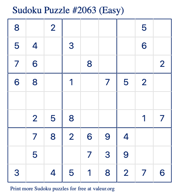 Free Printable Easy Sudoku Puzzle number 2063