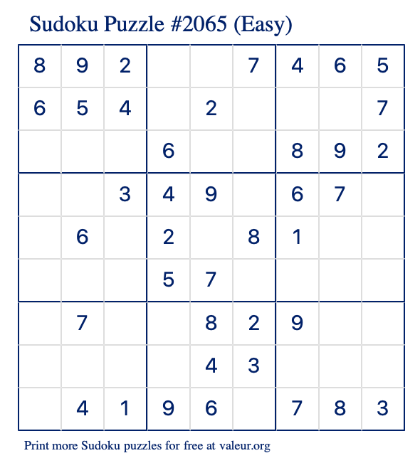 Free Printable Easy Sudoku Puzzle number 2065