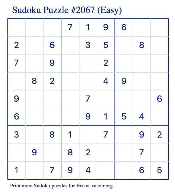 Free Printable Easy Sudoku Puzzle number 2067