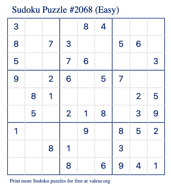 Free Printable Easy Sudoku Puzzle number 2068