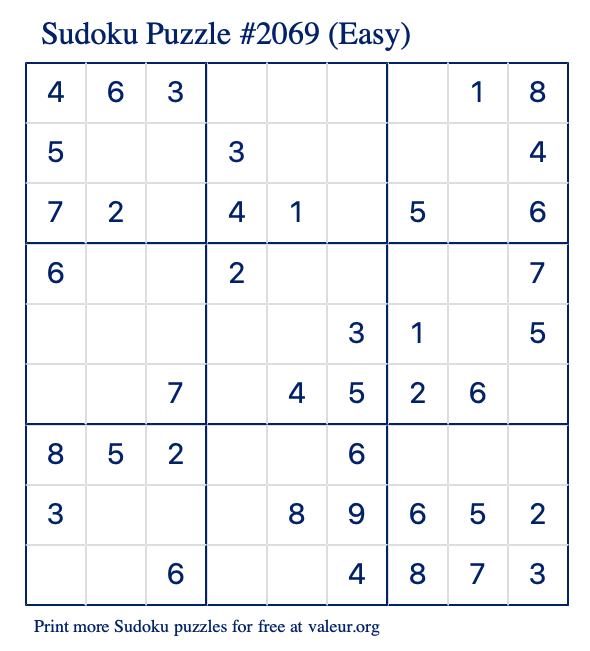 Free Printable Easy Sudoku Puzzle number 2069