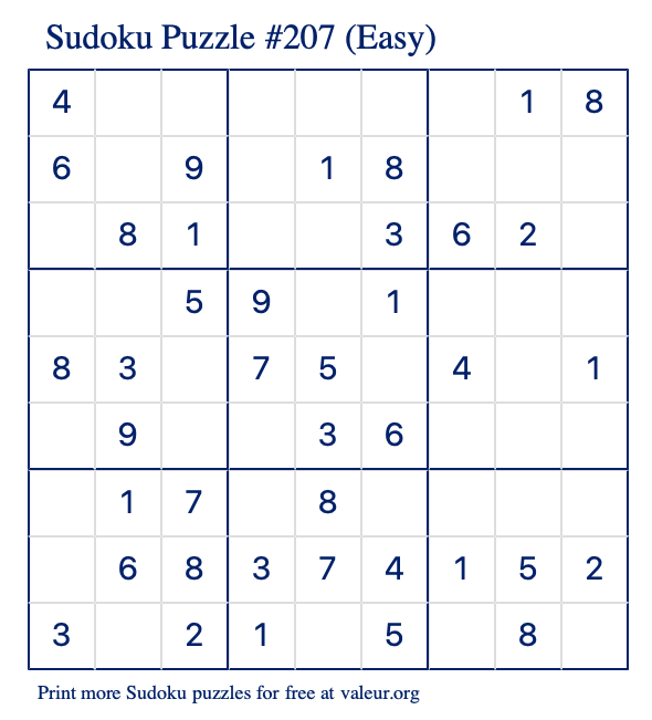 Free Printable Easy Sudoku Puzzle number 207