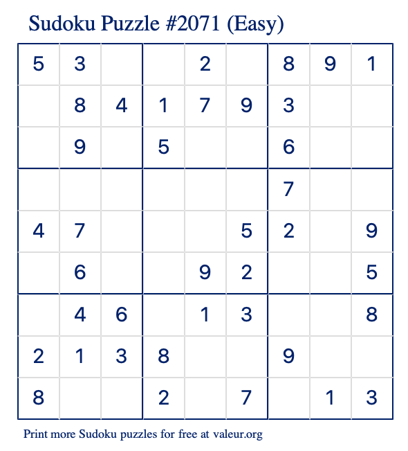 Free Printable Easy Sudoku Puzzle number 2071