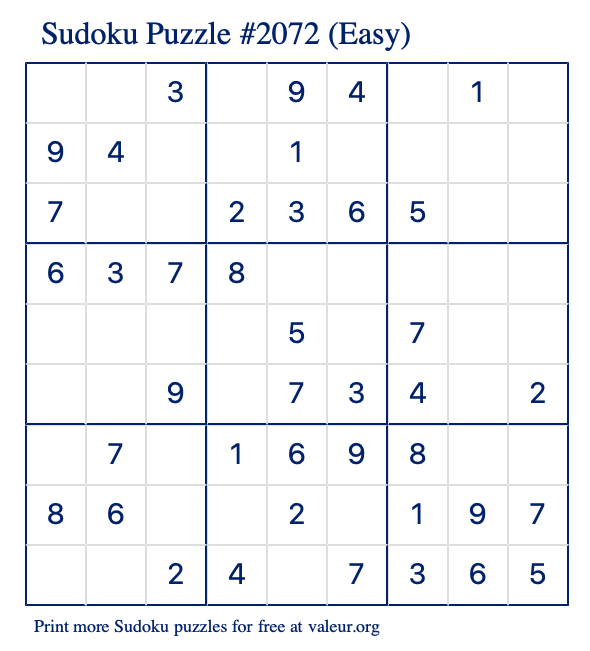 Free Printable Easy Sudoku Puzzle number 2072
