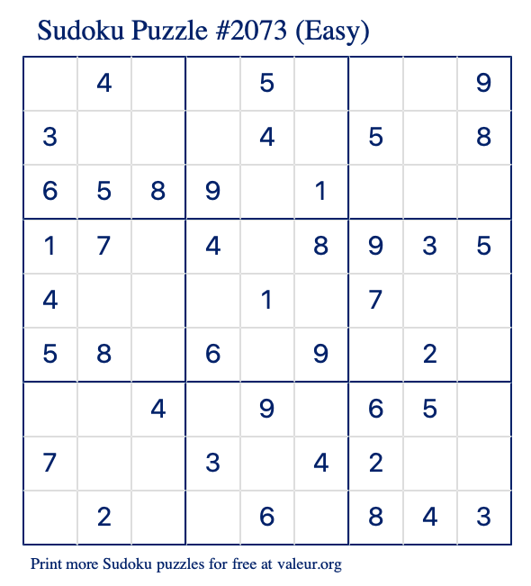 Free Printable Easy Sudoku Puzzle number 2073