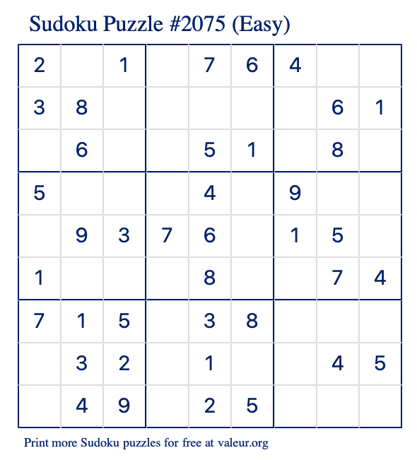 Free Printable Easy Sudoku Puzzle number 2075