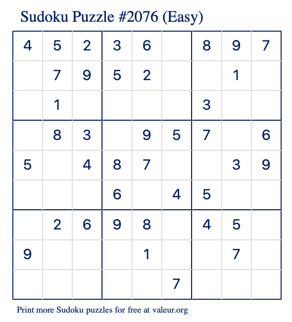Free Printable Easy Sudoku Puzzle number 2076