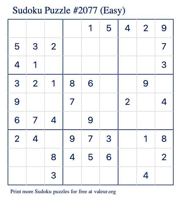 Free Printable Easy Sudoku Puzzle number 2077