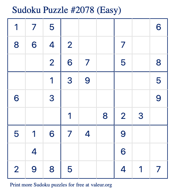 Free Printable Easy Sudoku Puzzle number 2078