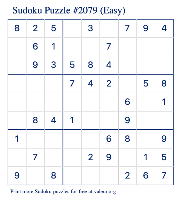 Free Printable Easy Sudoku Puzzle number 2079