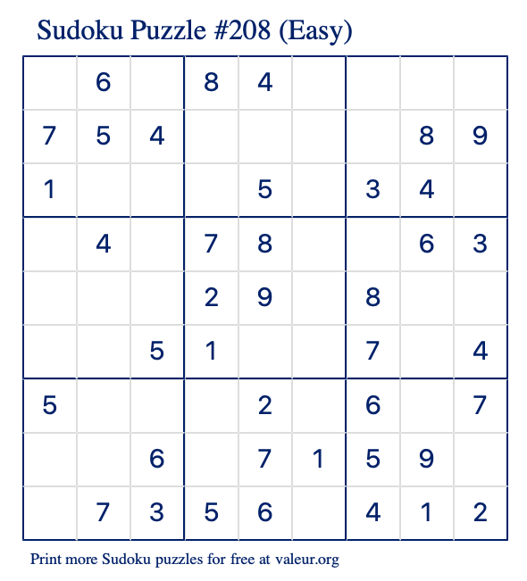 Free Printable Easy Sudoku Puzzle number 208