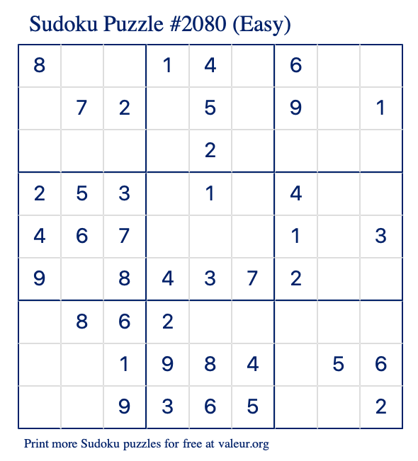 Free Printable Easy Sudoku Puzzle number 2080