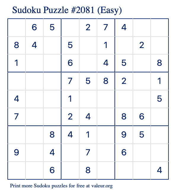 Free Printable Easy Sudoku Puzzle number 2081