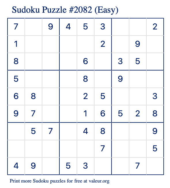Free Printable Easy Sudoku Puzzle number 2082