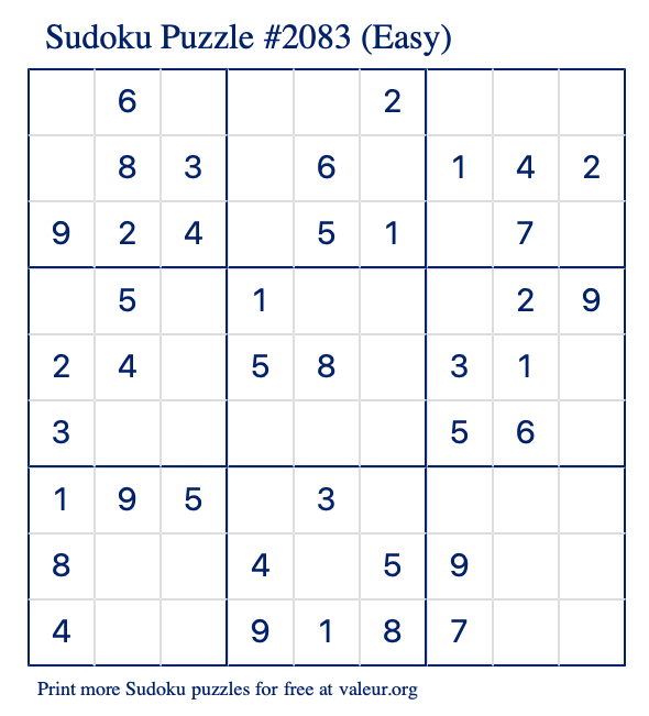 Free Printable Easy Sudoku Puzzle number 2083