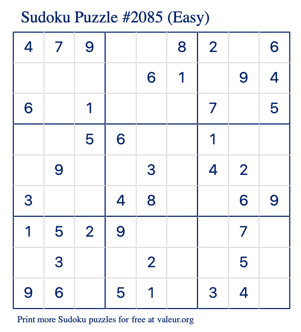 Free Printable Easy Sudoku Puzzle number 2085