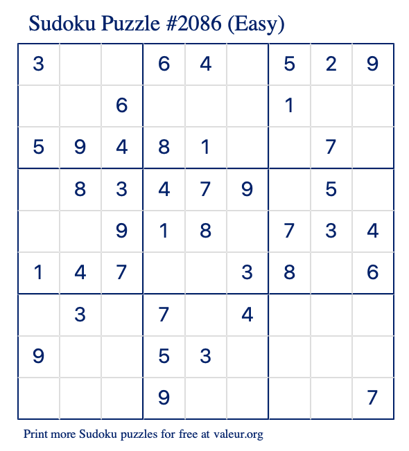 Free Printable Easy Sudoku Puzzle number 2086