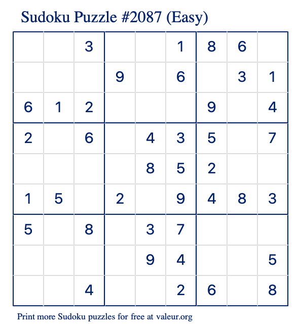 Free Printable Easy Sudoku Puzzle number 2087