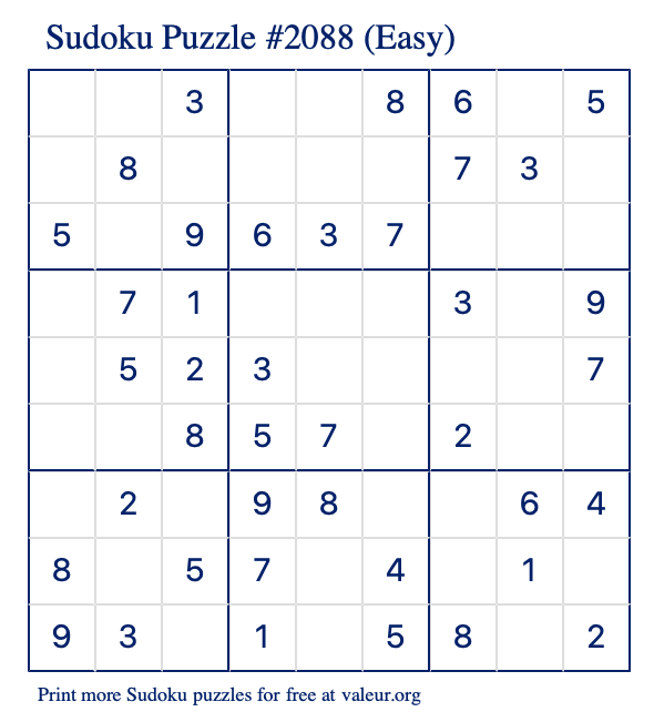 Free Printable Easy Sudoku Puzzle number 2088