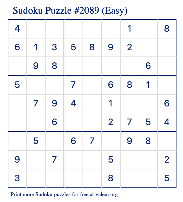 Free Printable Easy Sudoku Puzzle number 2089