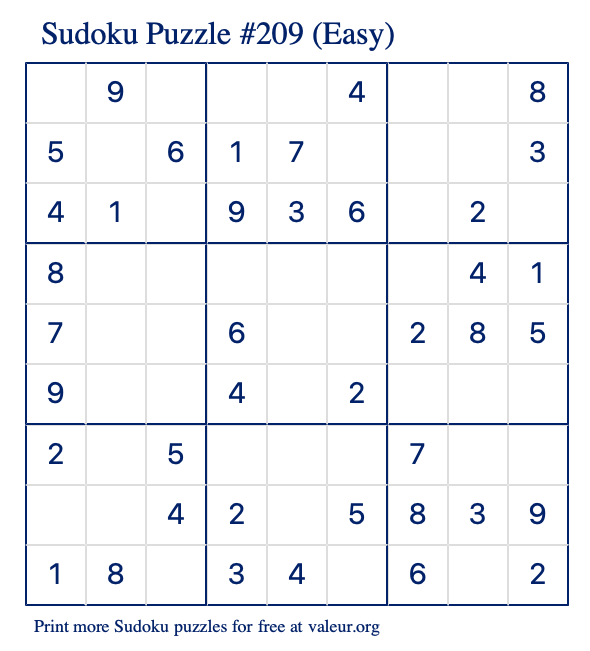 Free Printable Easy Sudoku Puzzle number 209