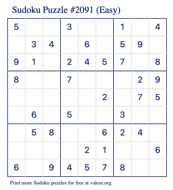 Free Printable Easy Sudoku Puzzle number 2091