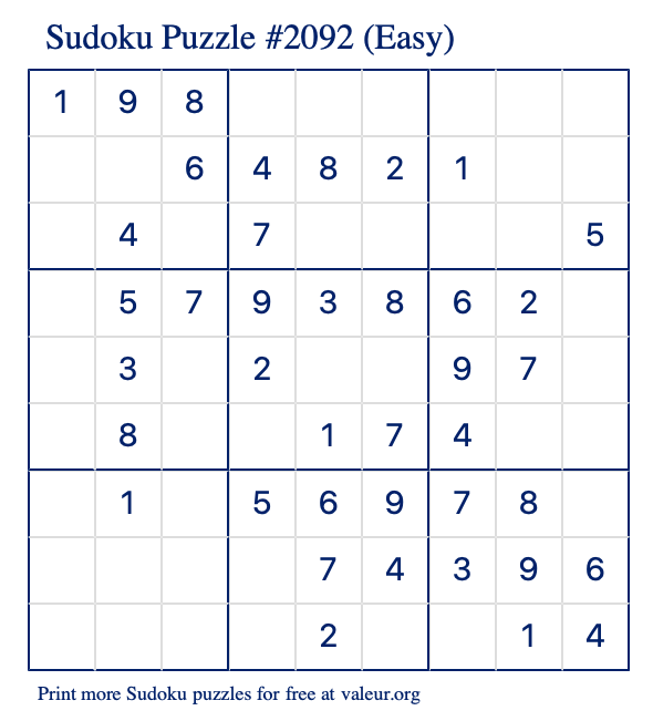 Free Printable Easy Sudoku Puzzle number 2092